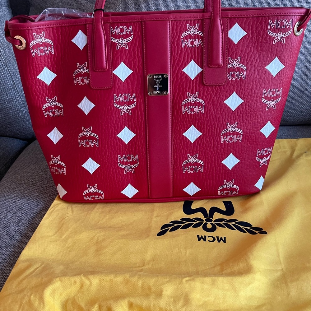 Brand New Authentic MCM Red Monogram Tote Bag with Geometric Pattern